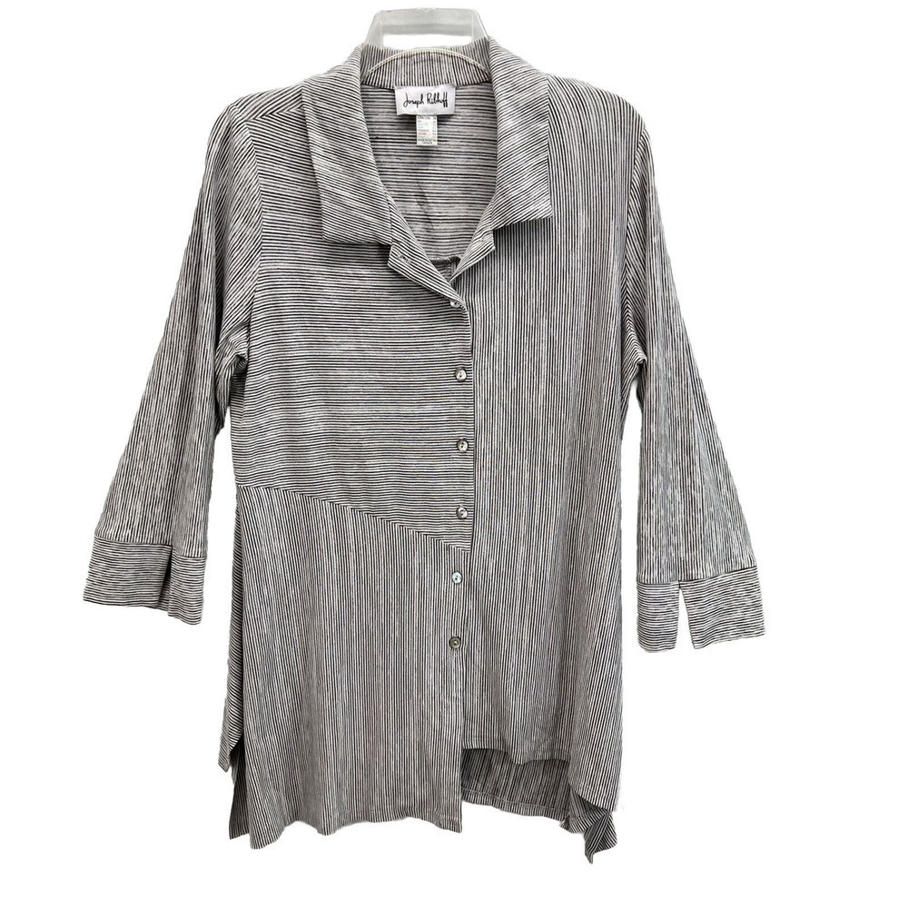 Joseph Ribkoff Tunic Top Womens 14 Striped Button Mother of Pearl Asymmetrical